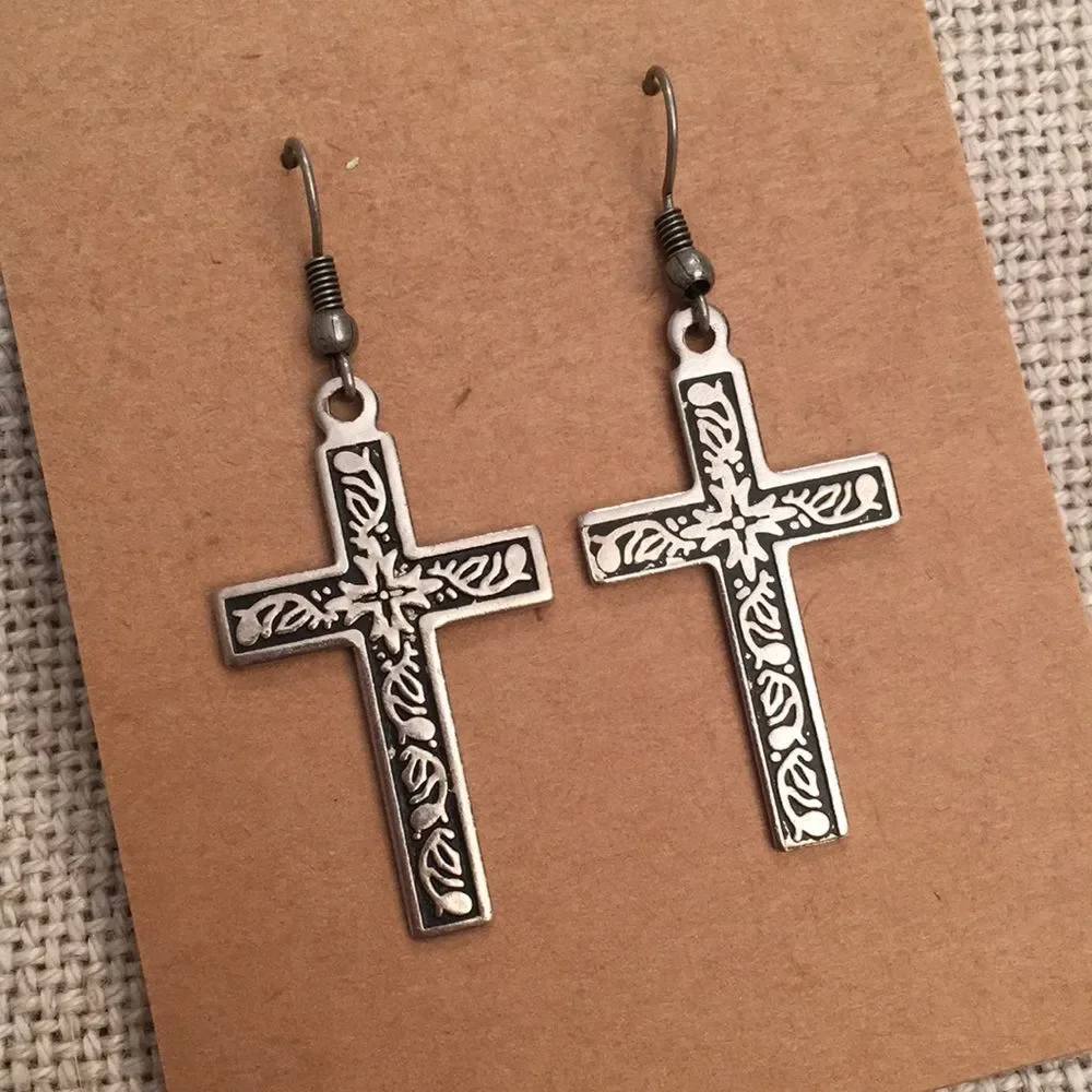 Cross Earrings Oxidized Floral Design Silvertone